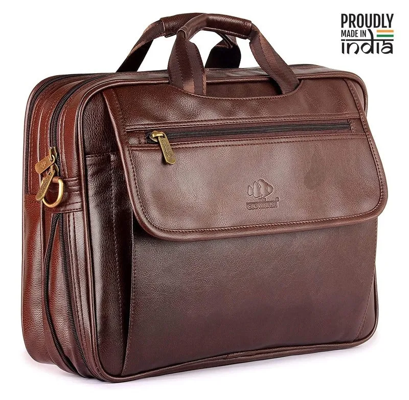 15.6-Inch Laptop Briefcase - Expandable Design, Vegan Leather | Shoulder Strap | Chocolate