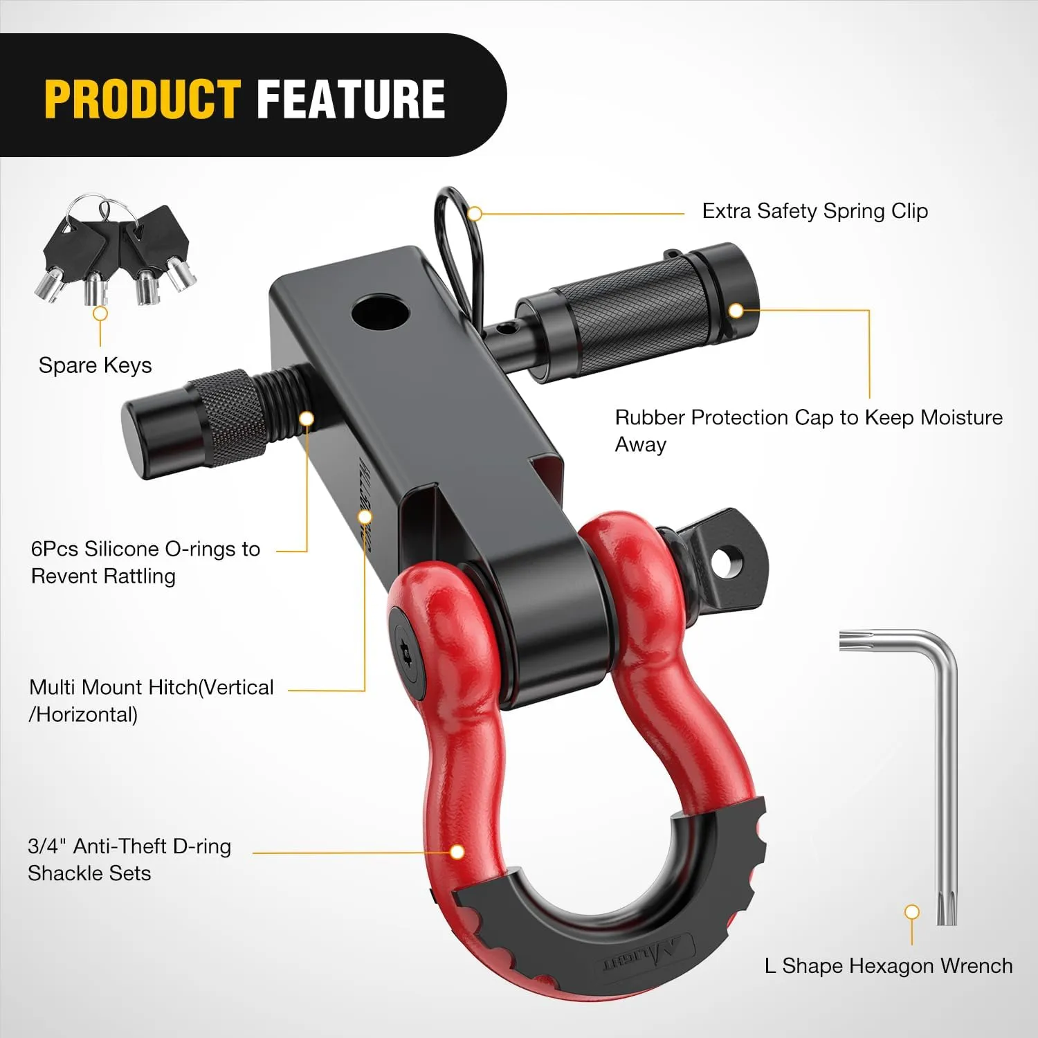 2 Inch Anti-Theft Shackle Hitch Receiver Set Red Black