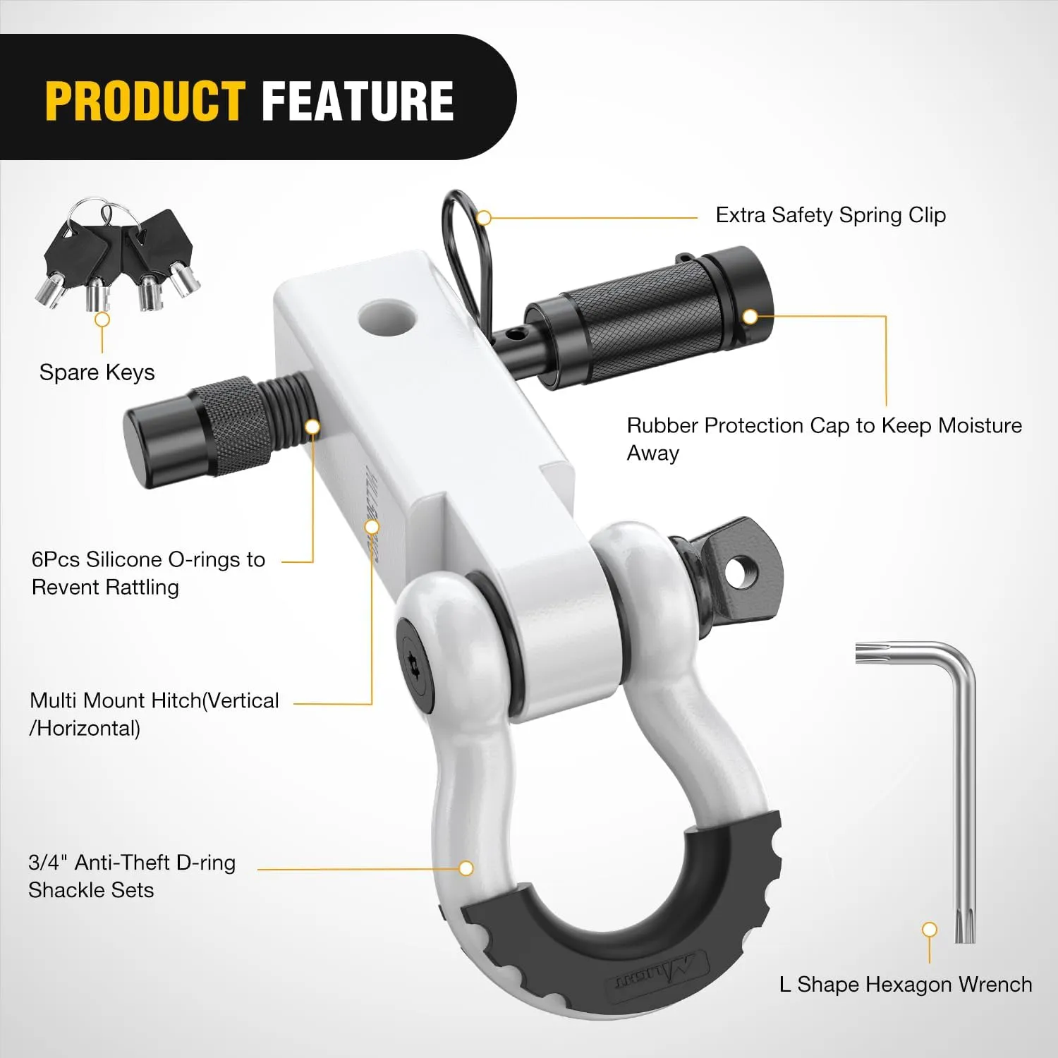 2 Inch Anti-Theft Shackle Hitch Receiver Set White