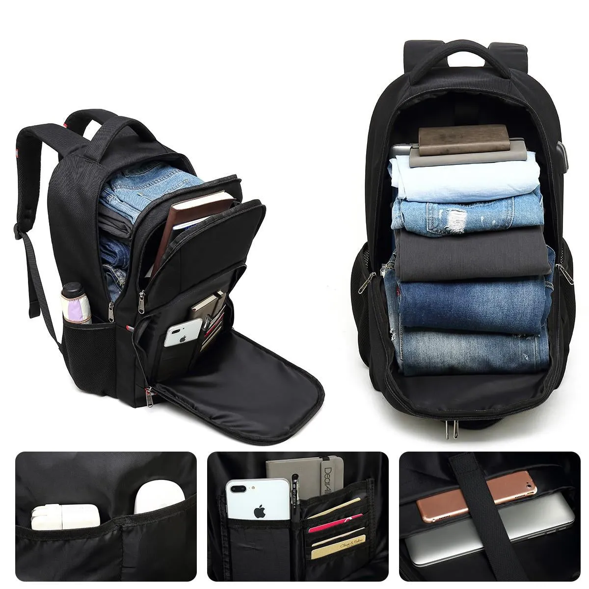 (32L) Laptop MacBook 17" Backpack Bag with Anti-Theft   USB Charging Port Nylon Material Splashproof - Black