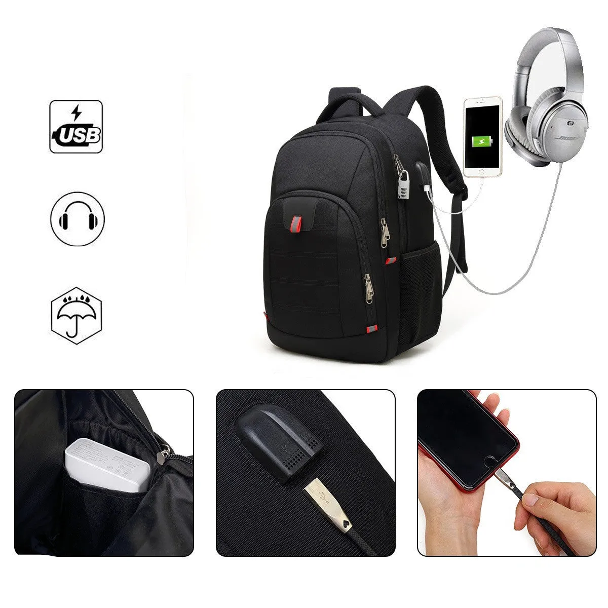(32L) Laptop MacBook 17" Backpack Bag with Anti-Theft   USB Charging Port Nylon Material Splashproof - Black