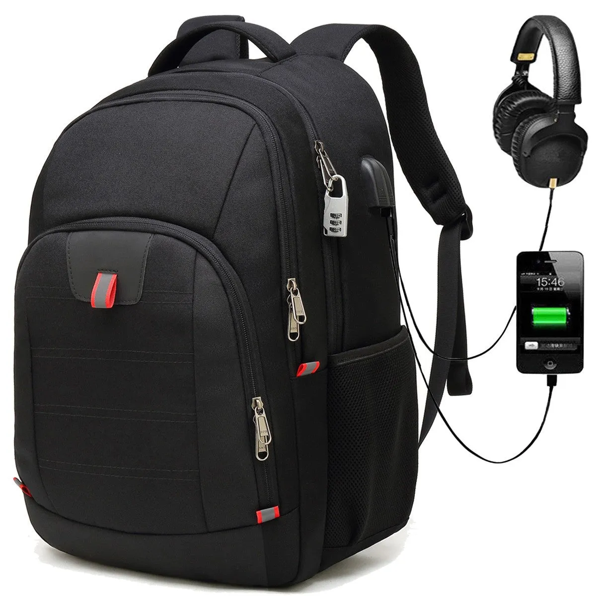 (32L) Laptop MacBook 17" Backpack Bag with Anti-Theft   USB Charging Port Nylon Material Splashproof - Black