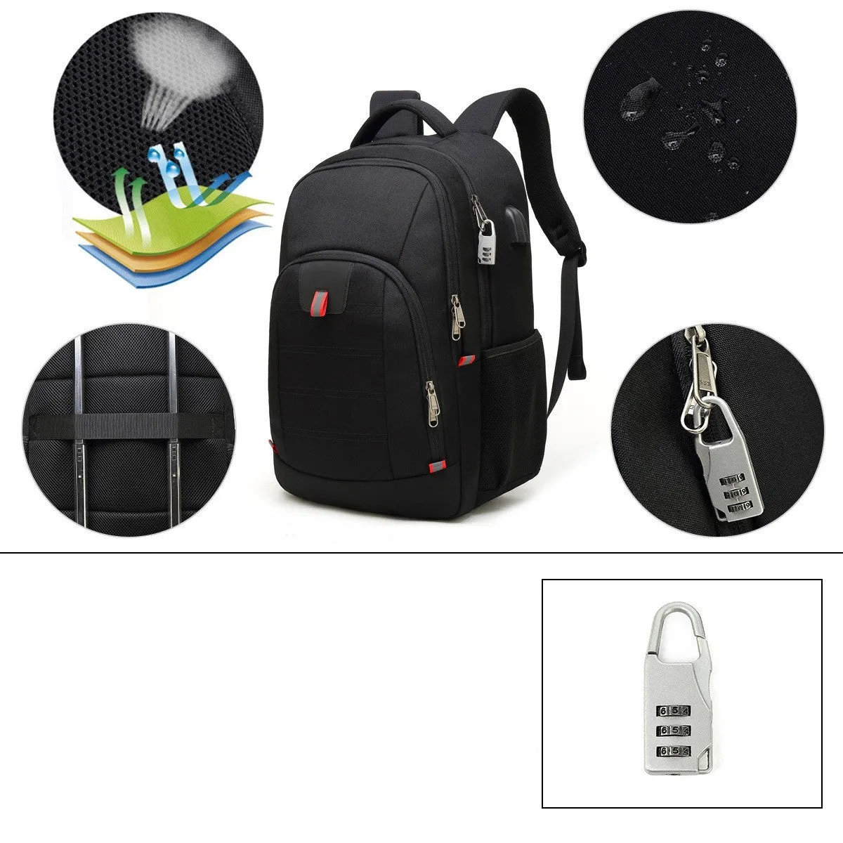 (32L) Laptop MacBook 17" Backpack Bag with Anti-Theft   USB Charging Port Nylon Material Splashproof - Black