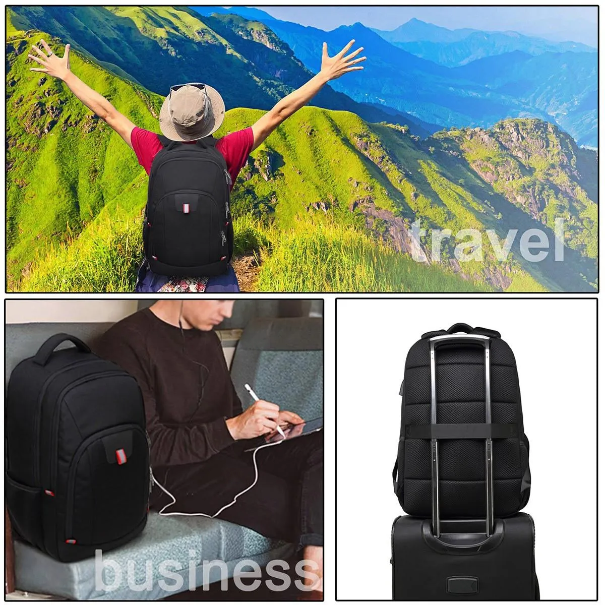 (32L) Laptop MacBook 17" Backpack Bag with Anti-Theft   USB Charging Port Nylon Material Splashproof - Black