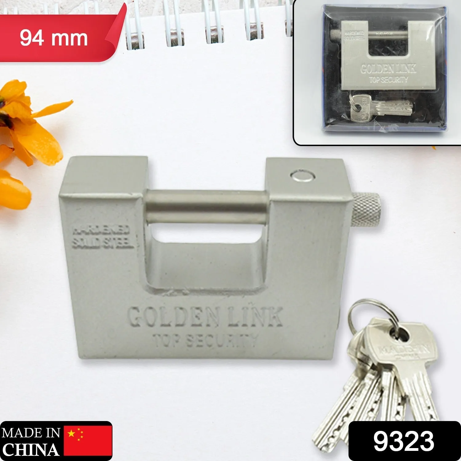 9323 Stainless Steel Padlock | Rectangular Shape | Hardened Steel | High Resistance With 5 Keys, Door Lock for Home Dormitory, Waterproof Antirust Anti-theft Padlocks Outdoor Gate Shed Locks Warehouse Big Door Drawer Lock (94 MM)
