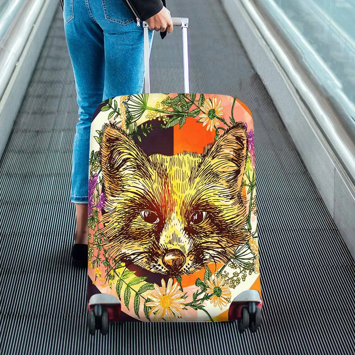 Animals themed Cover for Luggage suitcase printed Boho style illustration with fox wildflowers and crystal