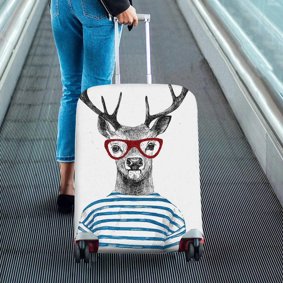 Animals themed Cover for Luggage suitcase printed Hand drawn dressed up deer in hipster style