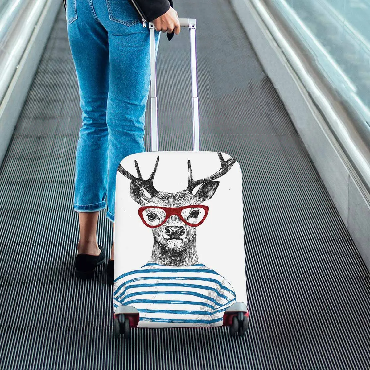 Animals themed Cover for Luggage suitcase printed Hand drawn dressed up deer in hipster style