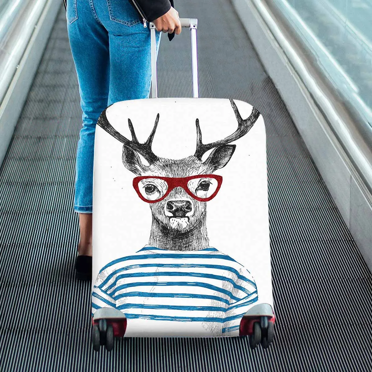 Animals themed Cover for Luggage suitcase printed Hand drawn dressed up deer in hipster style