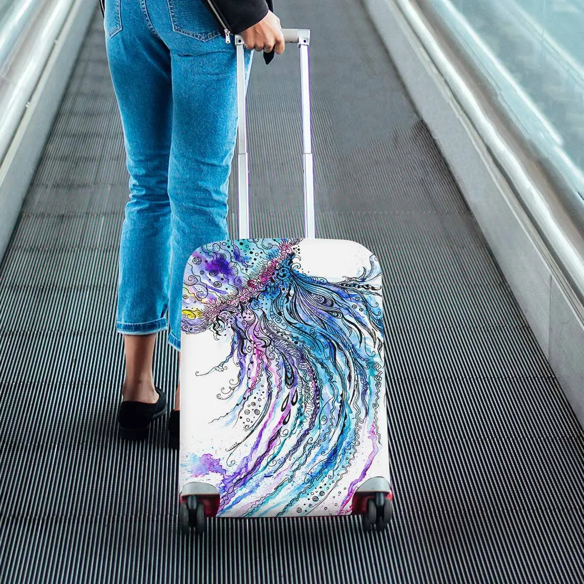 Animals themed Cover for Luggage suitcase printed Jelly fish watercolor and ink painting