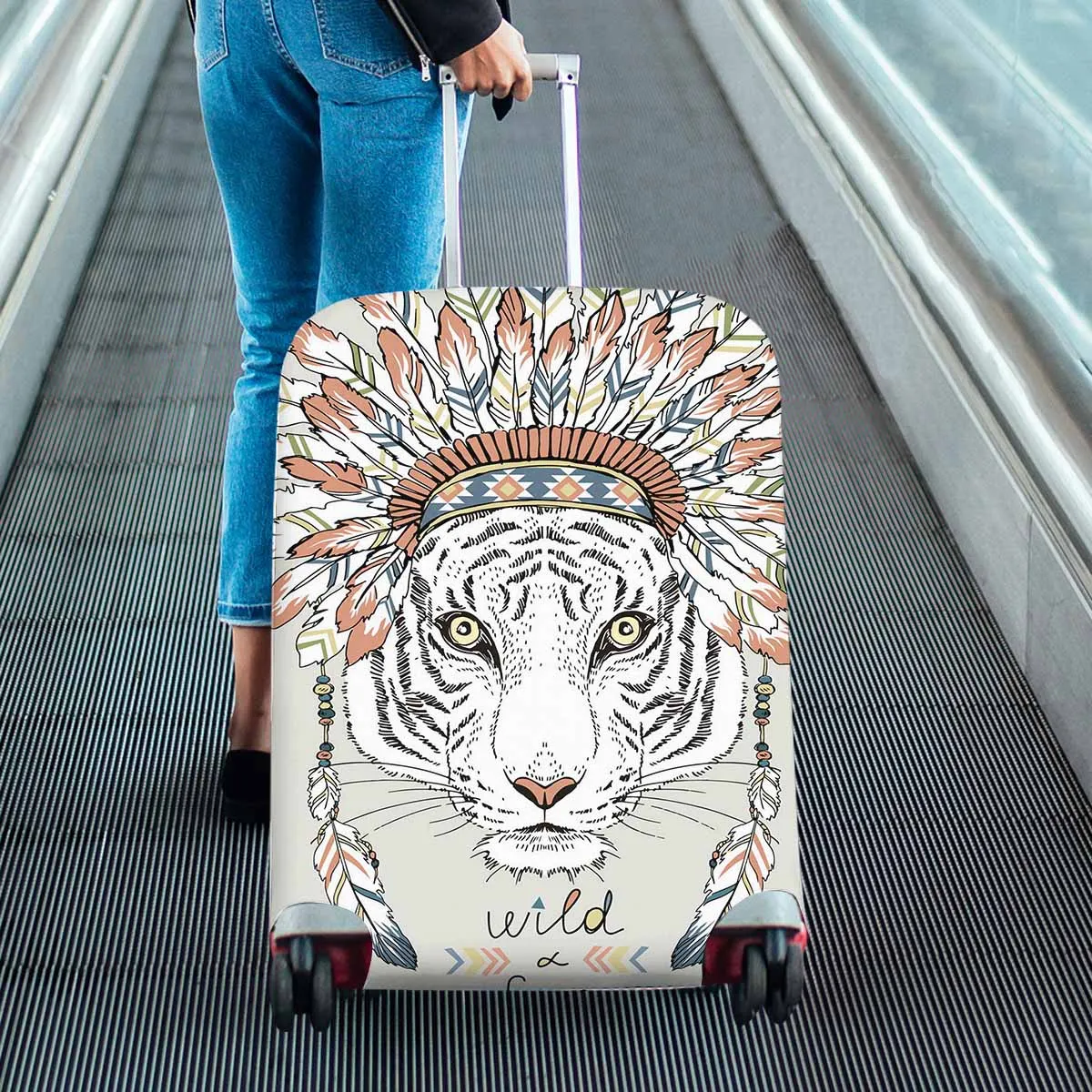 Animals themed Cover for Luggage suitcase printed Native american tiger in war bonnet