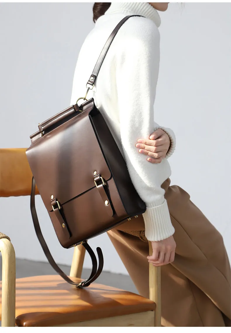 Black Classic Satchel Laptop Leather School Backpack for Women