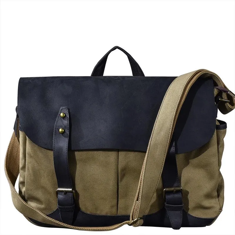 Canvas Leather Mens Army Green Postman Side Bag 14'' Black Messenger Bag Large Shoulder Bag For Men