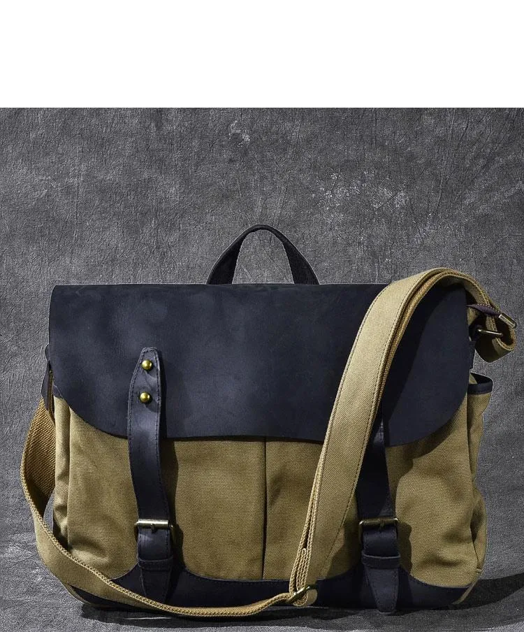 Canvas Leather Mens Army Green Postman Side Bag 14'' Black Messenger Bag Large Shoulder Bag For Men