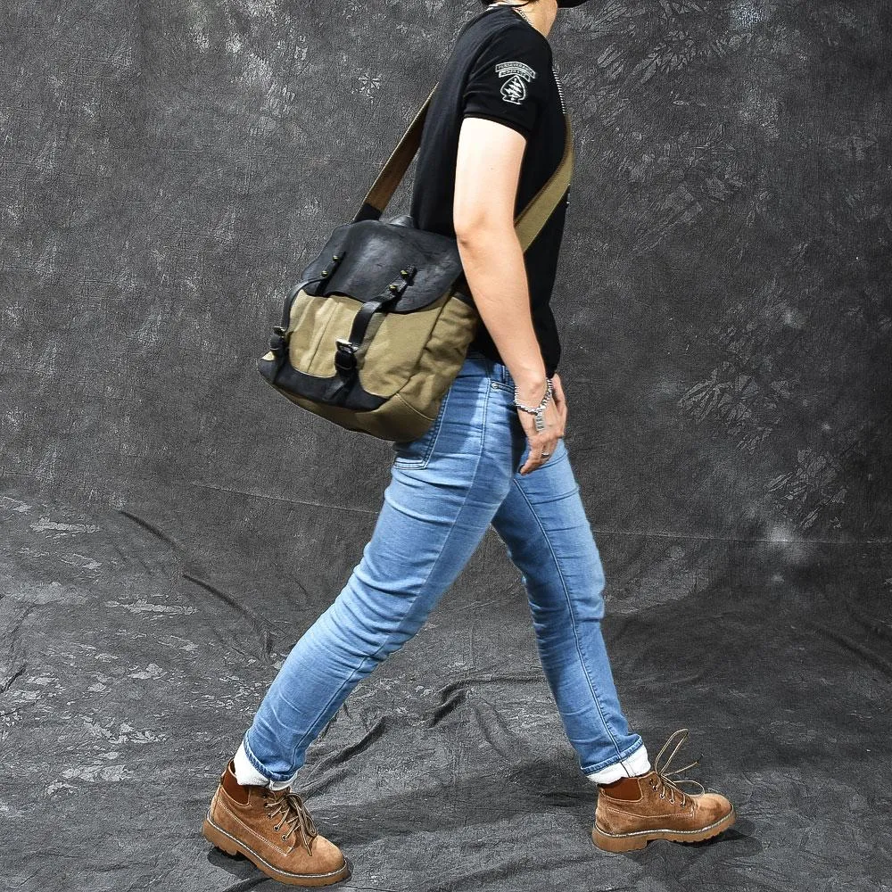 Canvas Leather Mens Army Green Postman Side Bag 14'' Black Messenger Bag Large Shoulder Bag For Men
