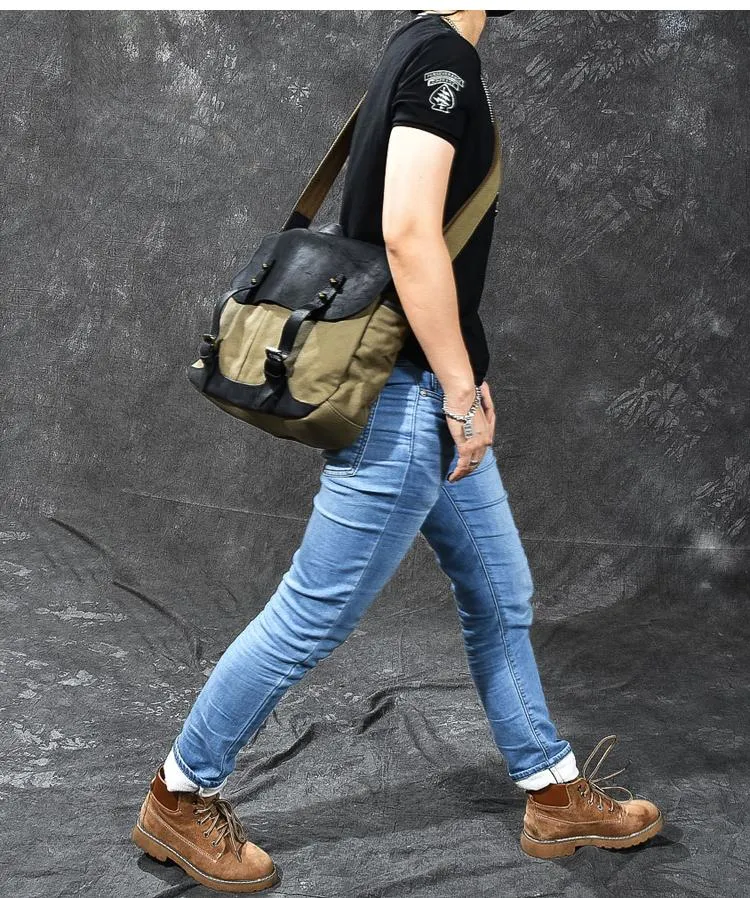 Canvas Leather Mens Army Green Postman Side Bag 14'' Black Messenger Bag Large Shoulder Bag For Men