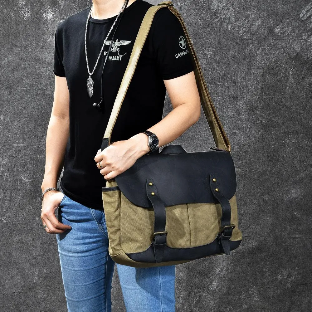 Canvas Leather Mens Army Green Postman Side Bag 14'' Black Messenger Bag Large Shoulder Bag For Men