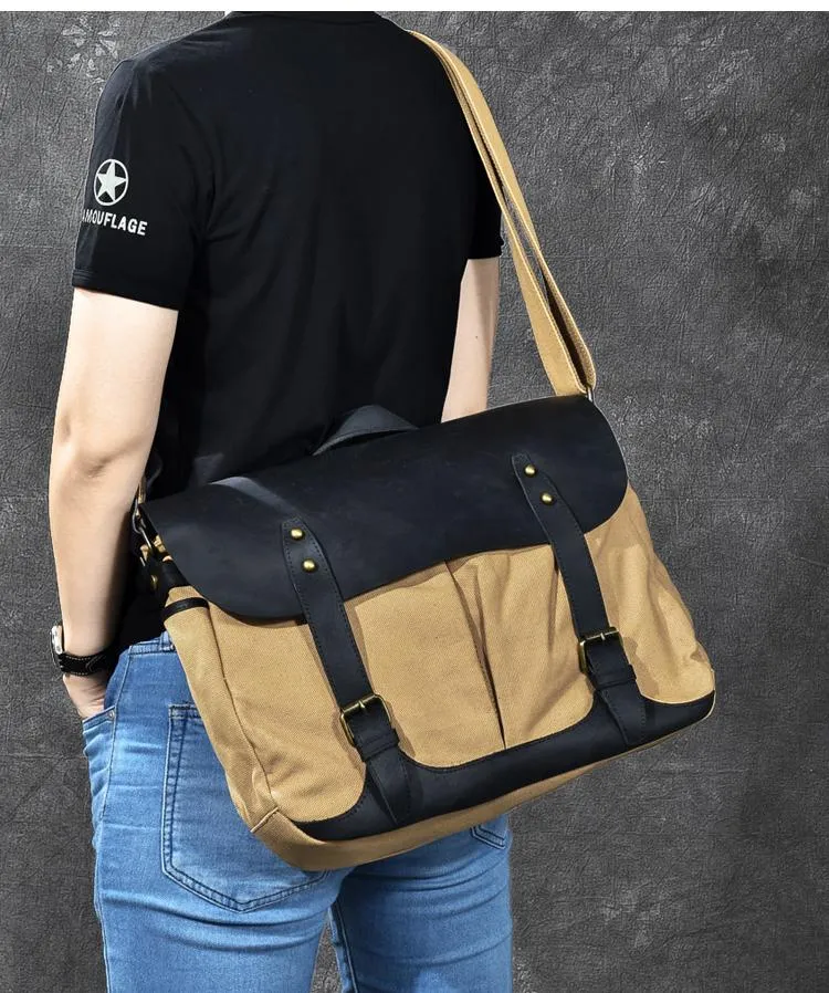 Canvas Leather Mens Army Green Postman Side Bag 14'' Black Messenger Bag Large Shoulder Bag For Men