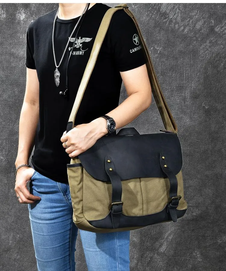Canvas Leather Mens Army Green Postman Side Bag 14'' Black Messenger Bag Large Shoulder Bag For Men