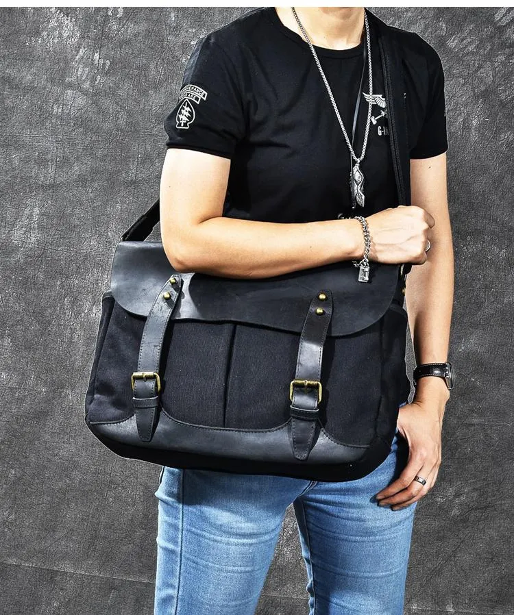 Canvas Leather Mens Army Green Postman Side Bag 14'' Black Messenger Bag Large Shoulder Bag For Men
