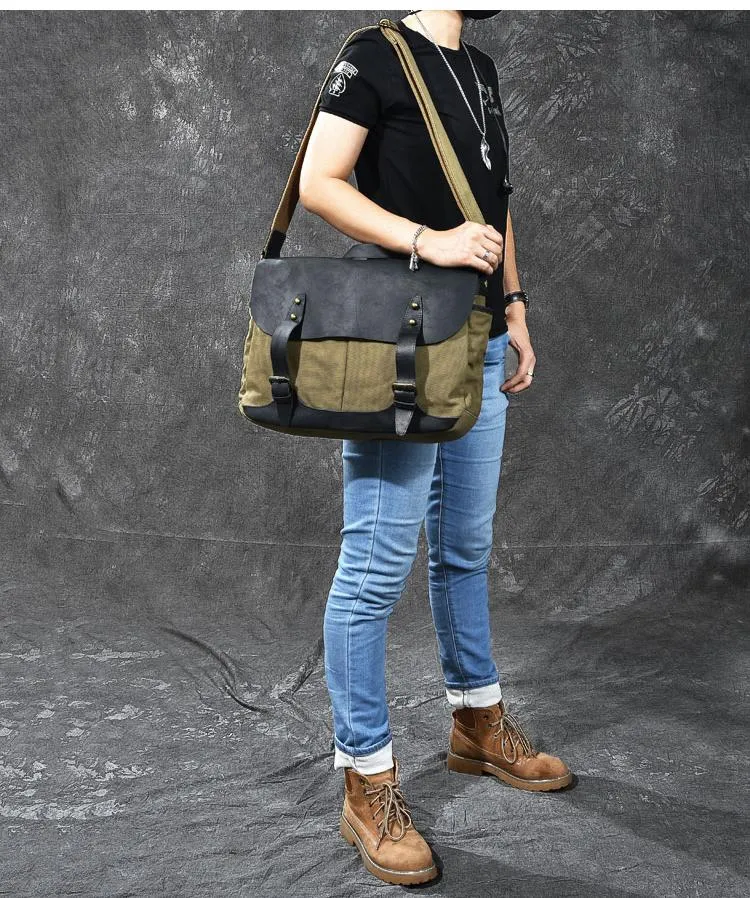 Canvas Leather Mens Army Green Postman Side Bag 14'' Black Messenger Bag Large Shoulder Bag For Men