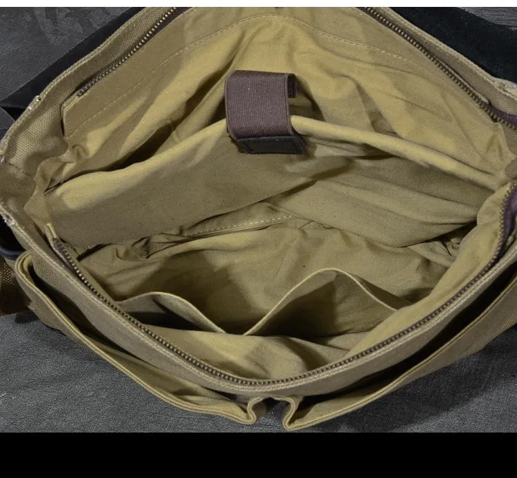 Canvas Leather Mens Army Green Postman Side Bag 14'' Black Messenger Bag Large Shoulder Bag For Men