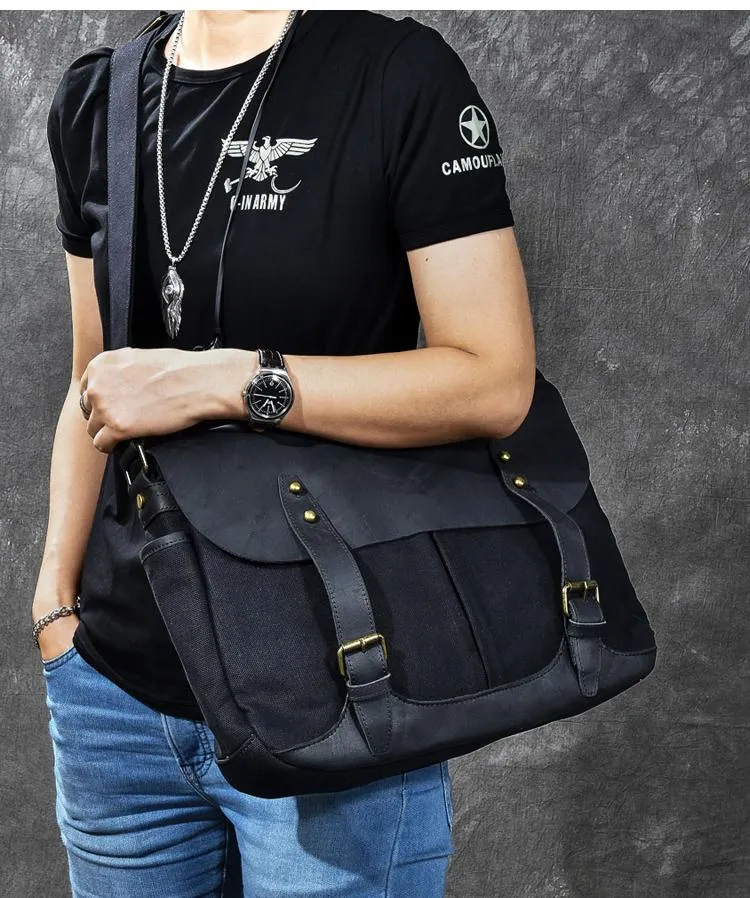 Canvas Leather Mens Army Green Postman Side Bag 14'' Black Messenger Bag Large Shoulder Bag For Men