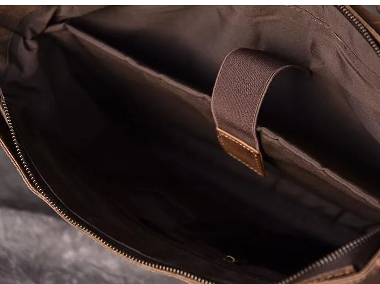 Canvas Leather Mens Large Brown Side Bag 14'' Khaki Messenger Bag Brown Postman Bag For Men