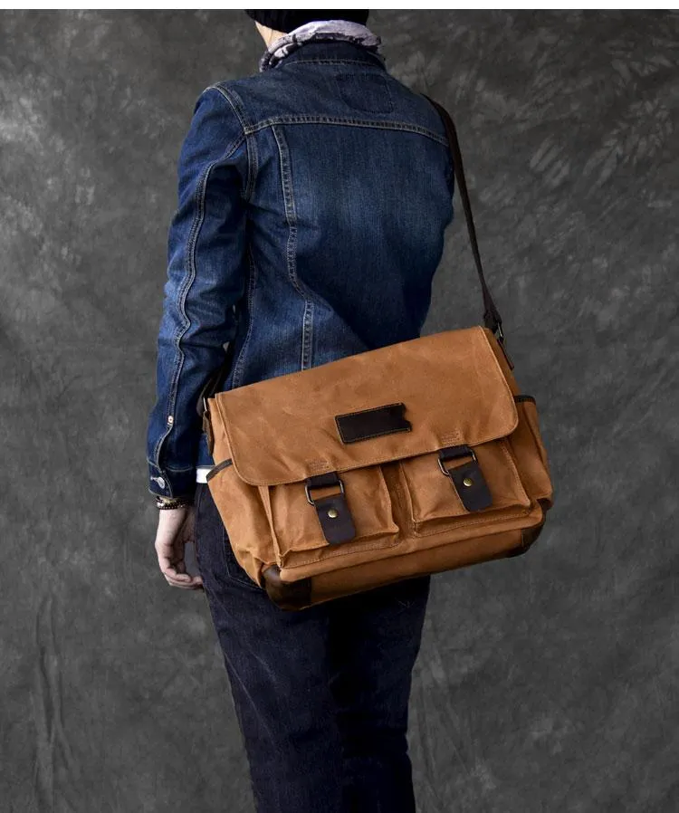 Canvas Leather Mens Large Brown Side Bag 14'' Khaki Messenger Bag Brown Postman Bag For Men