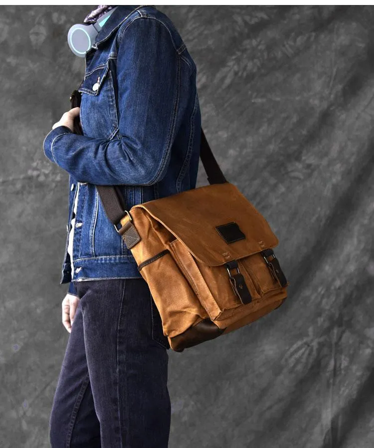 Canvas Leather Mens Large Brown Side Bag 14'' Khaki Messenger Bag Brown Postman Bag For Men