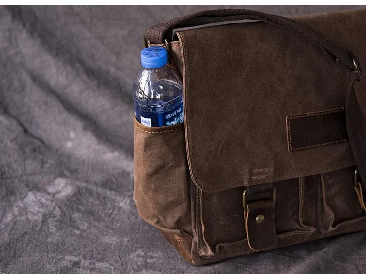Canvas Leather Mens Large Brown Side Bag 14'' Khaki Messenger Bag Brown Postman Bag For Men