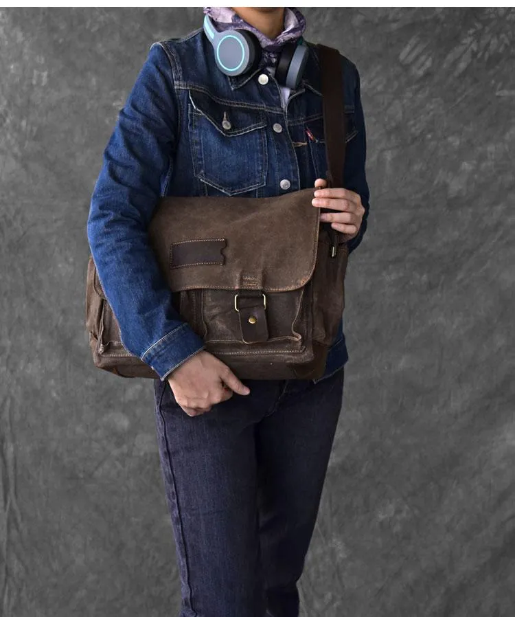 Canvas Leather Mens Large Brown Side Bag 14'' Khaki Messenger Bag Brown Postman Bag For Men