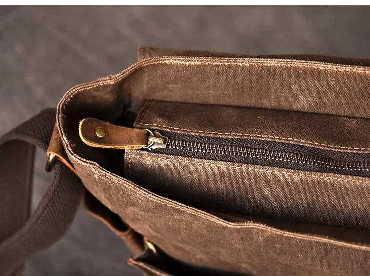 Canvas Leather Mens Large Brown Side Bag 14'' Khaki Messenger Bag Brown Postman Bag For Men