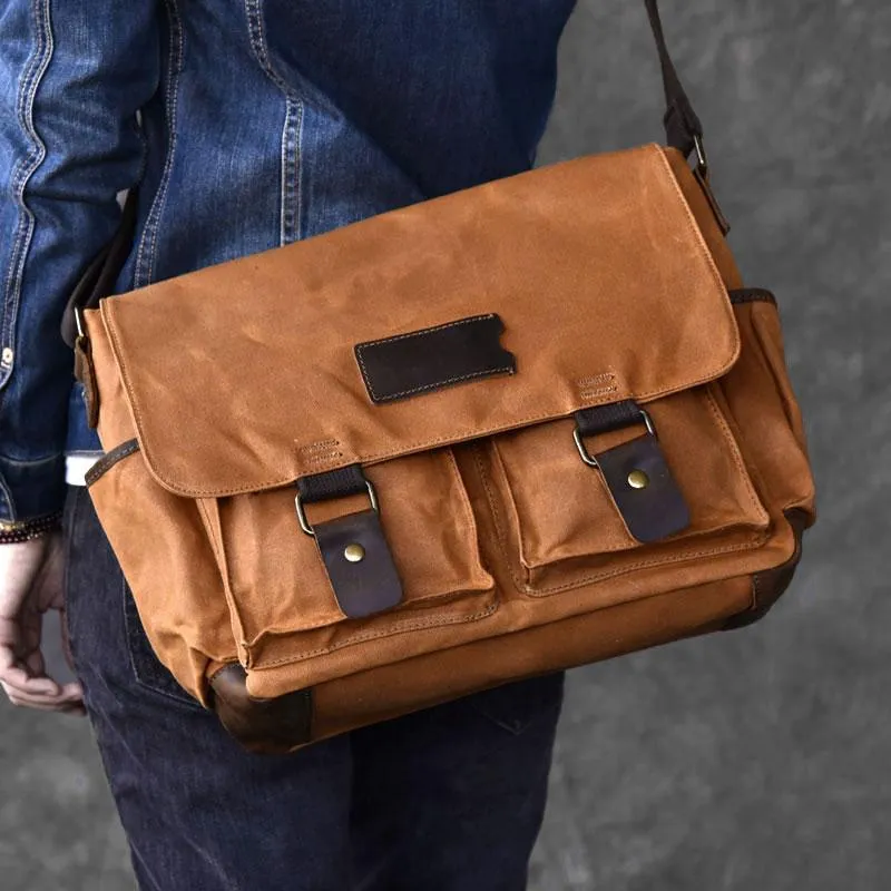 Canvas Leather Mens Large Brown Side Bag 14'' Khaki Messenger Bag Brown Postman Bag For Men