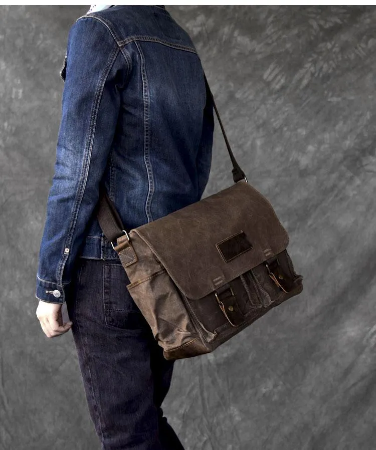 Canvas Leather Mens Large Brown Side Bag 14'' Khaki Messenger Bag Brown Postman Bag For Men