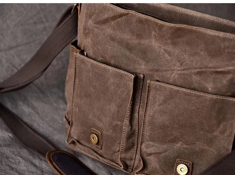 Canvas Leather Mens Large Brown Side Bag 14'' Khaki Messenger Bag Brown Postman Bag For Men