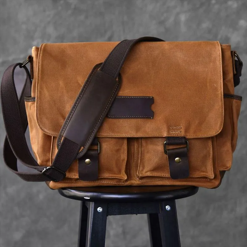 Canvas Leather Mens Large Brown Side Bag 14'' Khaki Messenger Bag Brown Postman Bag For Men