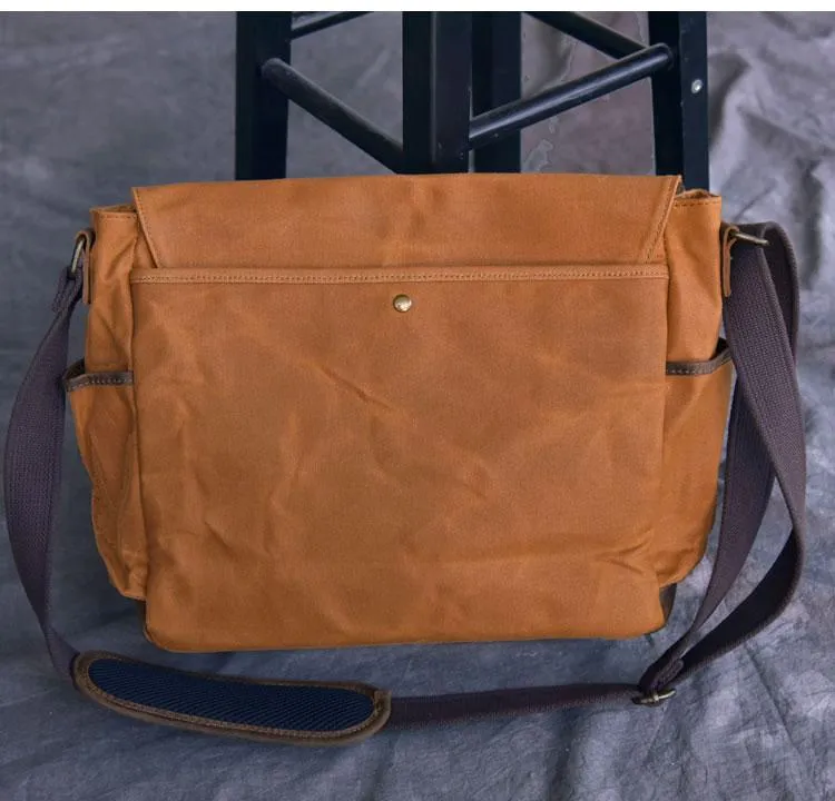 Canvas Leather Mens Large Brown Side Bag 14'' Khaki Messenger Bag Brown Postman Bag For Men