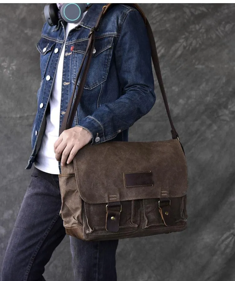 Canvas Leather Mens Large Brown Side Bag 14'' Khaki Messenger Bag Brown Postman Bag For Men