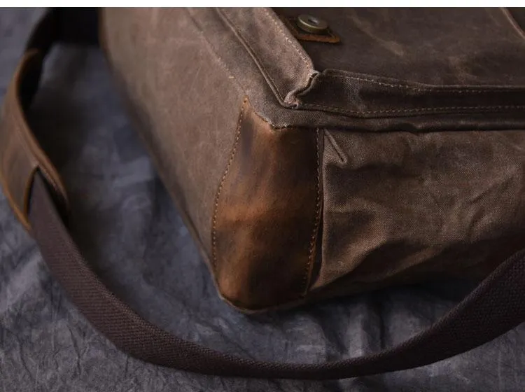 Canvas Leather Mens Large Brown Side Bag 14'' Khaki Messenger Bag Brown Postman Bag For Men