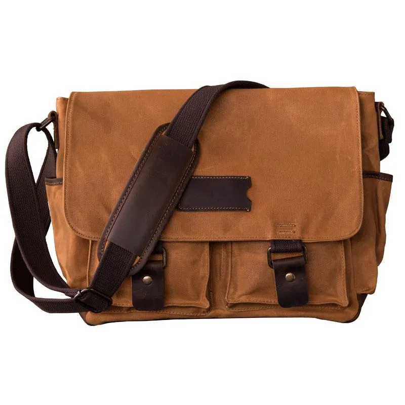 Canvas Leather Mens Large Brown Side Bag 14'' Khaki Messenger Bag Brown Postman Bag For Men