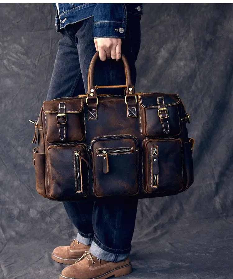 Canvas Leather Mens Womens Dark Coffee Travel Side Bag Messenger Bag Large Shoulder Bag For Men