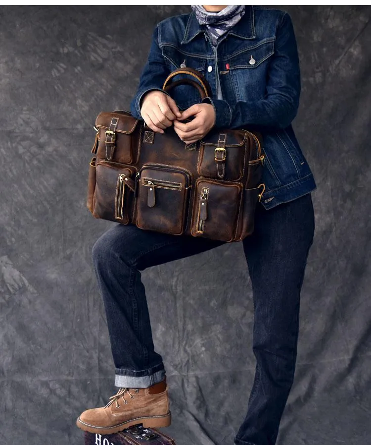 Canvas Leather Mens Womens Dark Coffee Travel Side Bag Messenger Bag Large Shoulder Bag For Men
