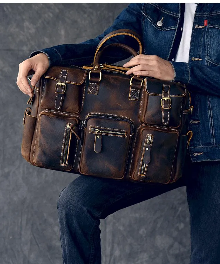 Canvas Leather Mens Womens Dark Coffee Travel Side Bag Messenger Bag Large Shoulder Bag For Men