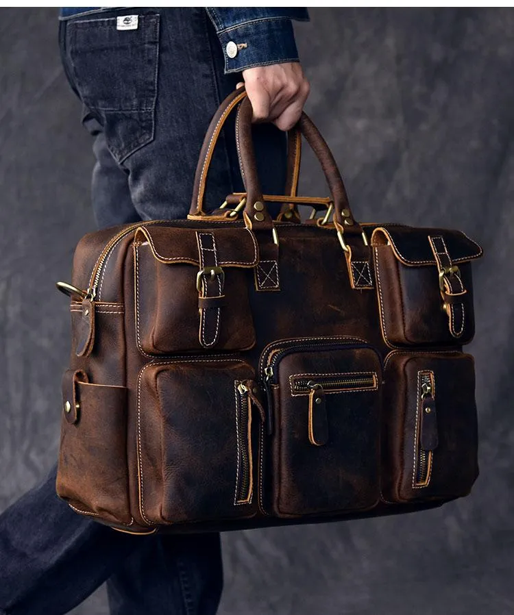 Canvas Leather Mens Womens Dark Coffee Travel Side Bag Messenger Bag Large Shoulder Bag For Men