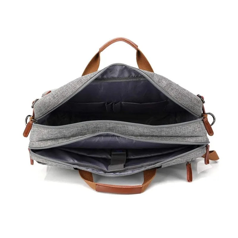 Convertible Laptop Briefcase Backpack - Genuine Leather Details | 15.6 Inch | Grey