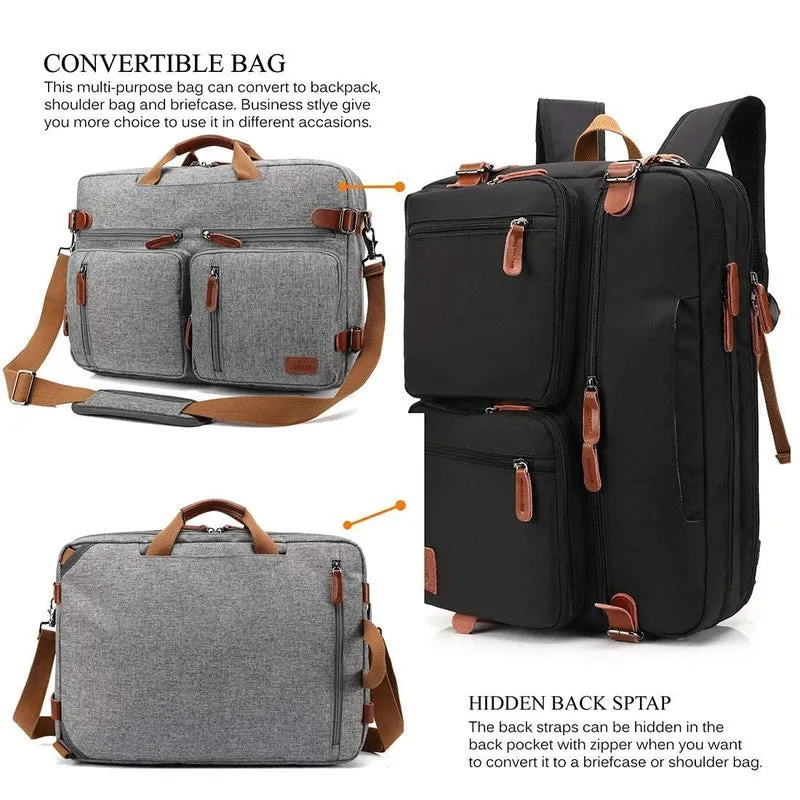 Convertible Laptop Briefcase Backpack - Genuine Leather Details | 15.6 Inch | Grey