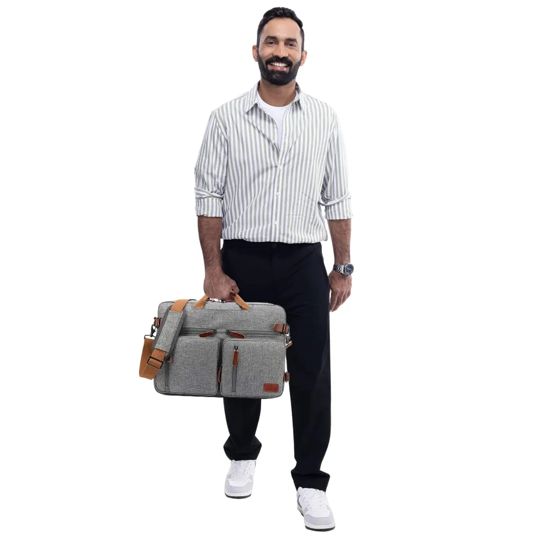Convertible Laptop Briefcase Backpack - Genuine Leather Details | 15.6 Inch | Grey