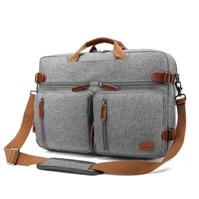 Convertible Laptop Briefcase Backpack - Genuine Leather Details | 15.6 Inch | Grey