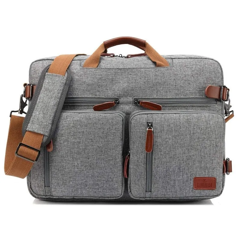 Convertible Laptop Briefcase Backpack - Genuine Leather Details | 15.6 Inch | Grey